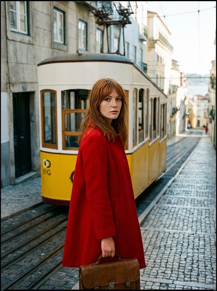 Scarlet swing coat in front of the yellow Bica funicular, Lisbon
