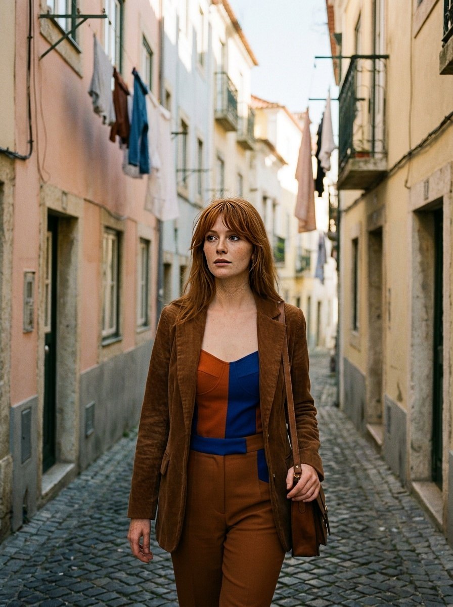 Corduroy blazer over a colour-block top in a narrow alley under laundry lines