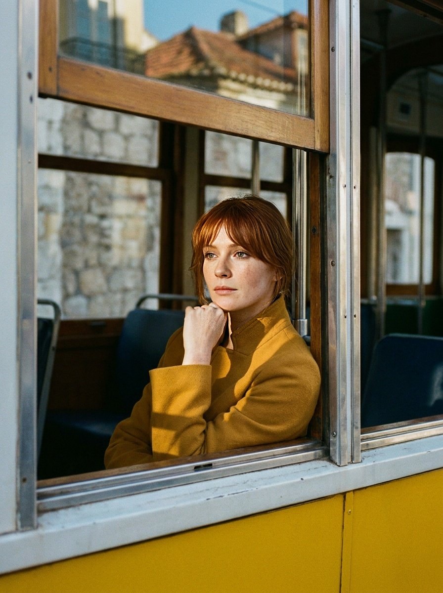 Mustard coat at the wooden window of tram 28, morning light