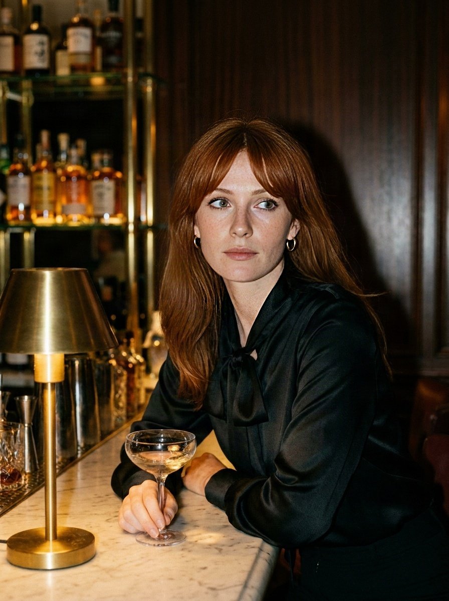 Black bow-neck blouse at a marble hotel bar with brass fittings and amber bottles behind