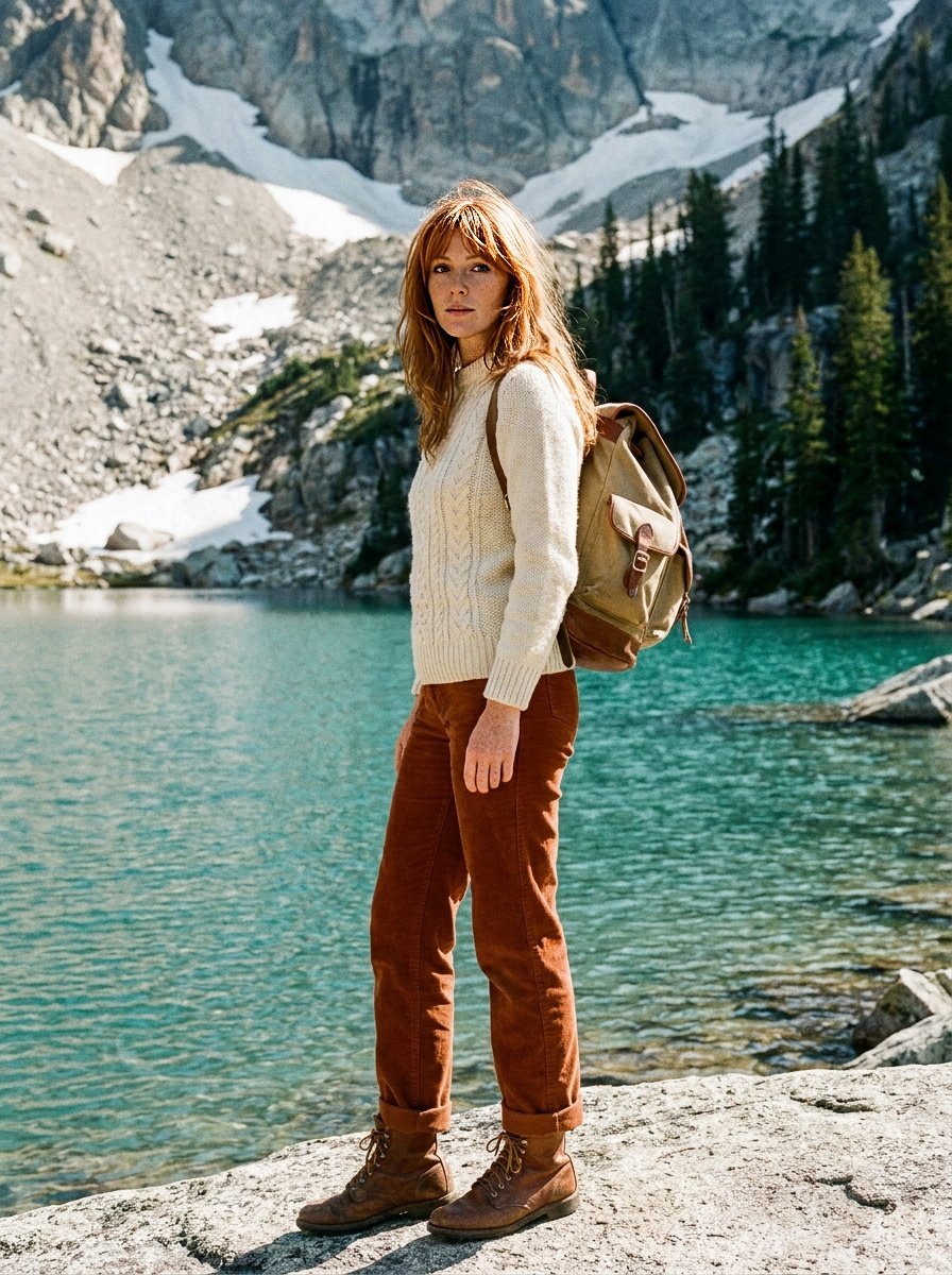Cream fisherman sweater and rust corduroy at a turquoise alpine tarn, Tobacco Root Mountains
