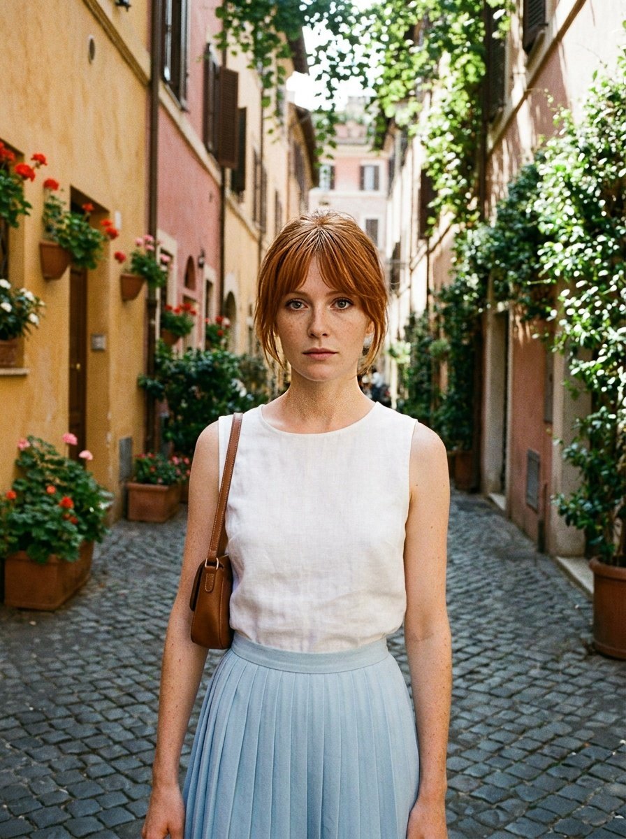 White top and pale-blue pleated skirt in a cobbled Trastevere alley lined with potted plants