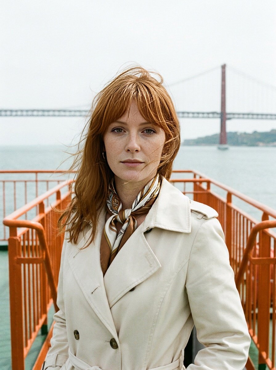 Cream trench and knotted silk scarf on the deck of the Tagus ferry