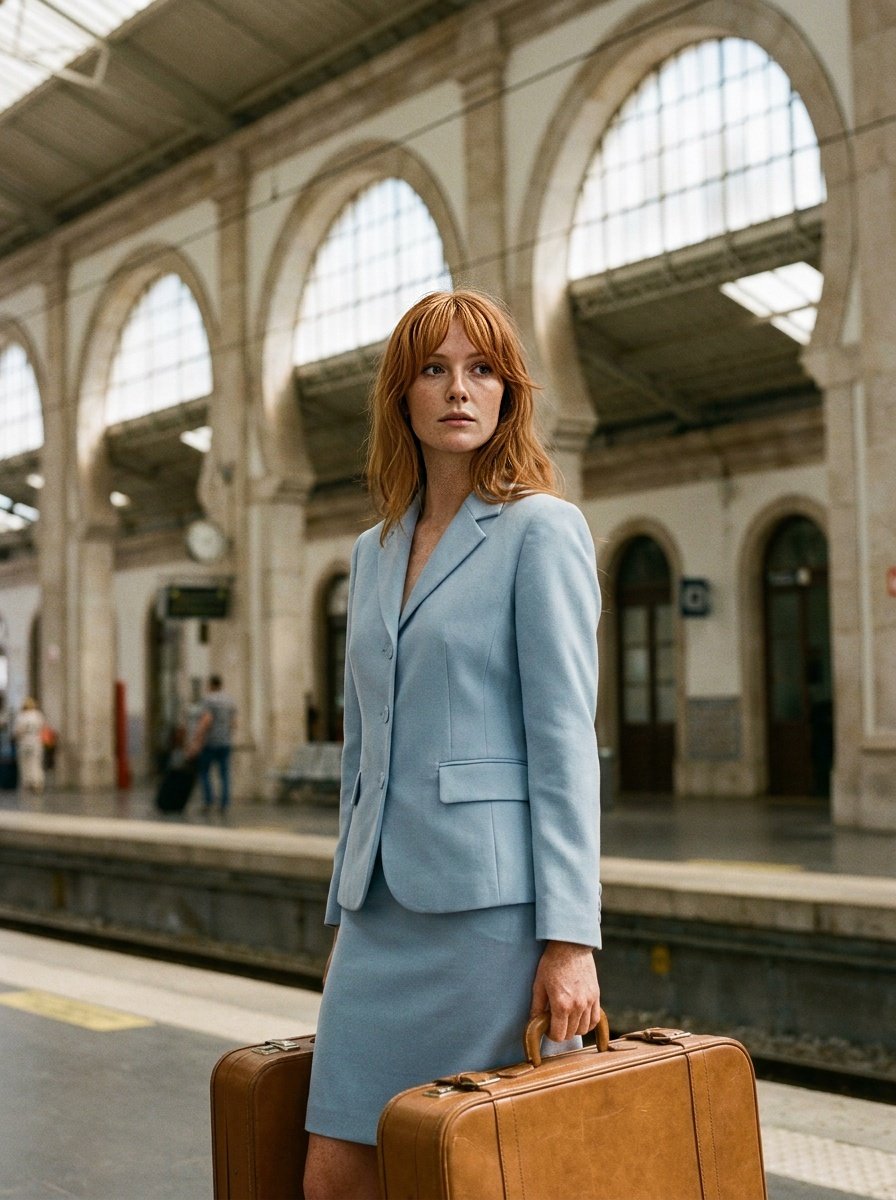 Powder-blue skirt suit with leather suitcases under the arches of Rossio station