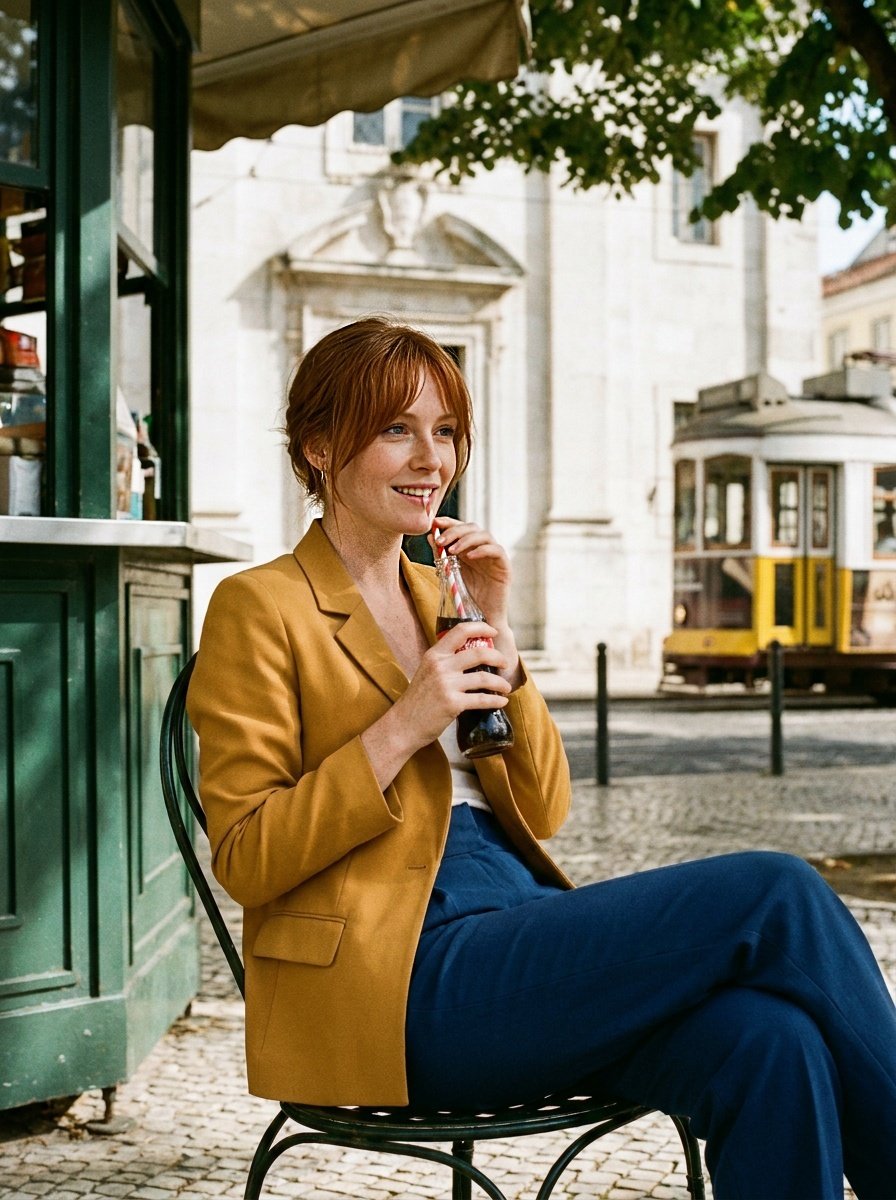 Colour-block blazer at a green Lisbon kiosk in dappled shade